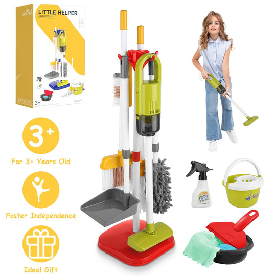 14Pcs Kids Cleaning Toy Set Toddler Housekeeping Pretend Play Kit with Vacuum Cleaner Broom Mop Organization Stand for Boys Girls Aged 3 4 5