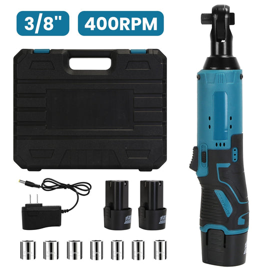 3/8Ó Cordless Electric Ratchet Wrench Set Right Angle Wrench with 2Pcs 1200mAh Batteries and Charger 7 Sockets 400RPM
