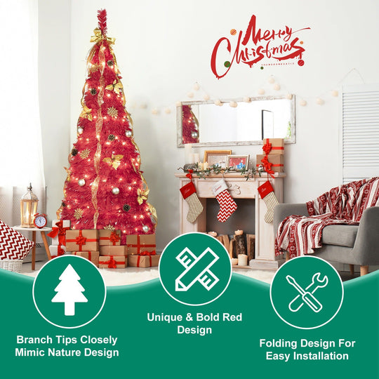 6FT Red Pre-Lit Christmas Tree with 150 LED Lights & Ornaments