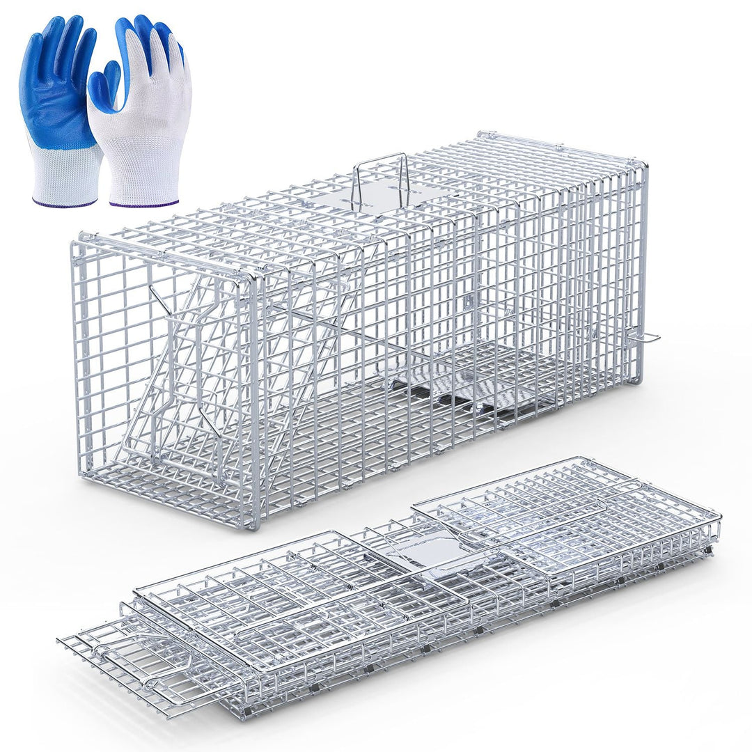 Live Animal Trap Cage 37x14x15in Folding Catch and Release Humane Cat Trap Galvanized Iron for Raccoons Foxes Coyotes Stray Dogs Armadillos Squirrels