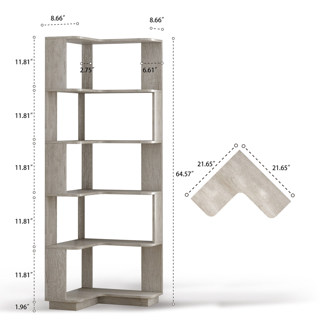 6 Tier Freestanding L-Shaped Corner Bookshelf For Living Room, Bedroom, Wooden Bookcase with anti-drop panle & anti tipp