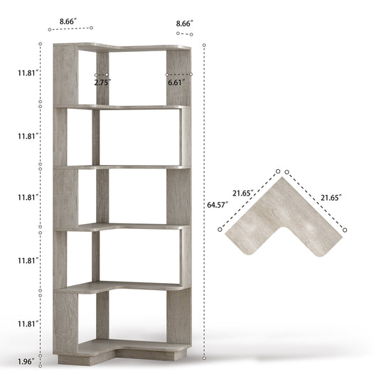 6 Tier Freestanding L-Shaped Corner Bookshelf For Living Room, Bedroom, Wooden Bookcase with anti-drop panle & anti tipp