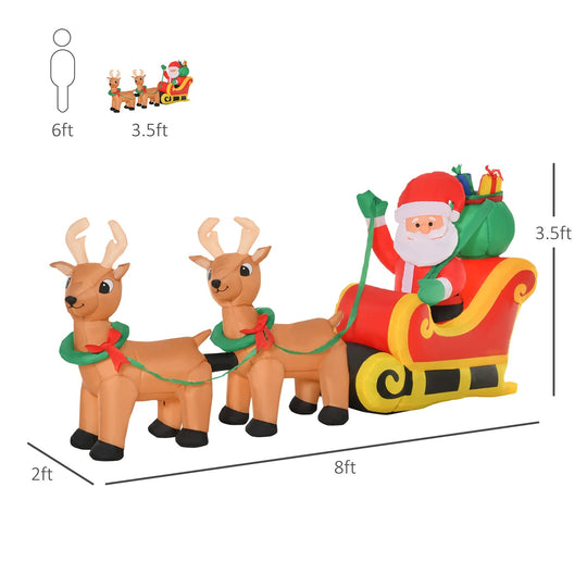 8FT Inflatable Santa Sleigh with Reindeer & LED Lights