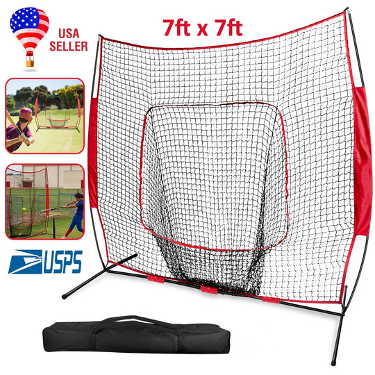 7x7ft Baseball Softball Teeball Practice Net Batting Hitting Pitching Training Net w/ Bow Frame Carrying Bag for Solo Team Training