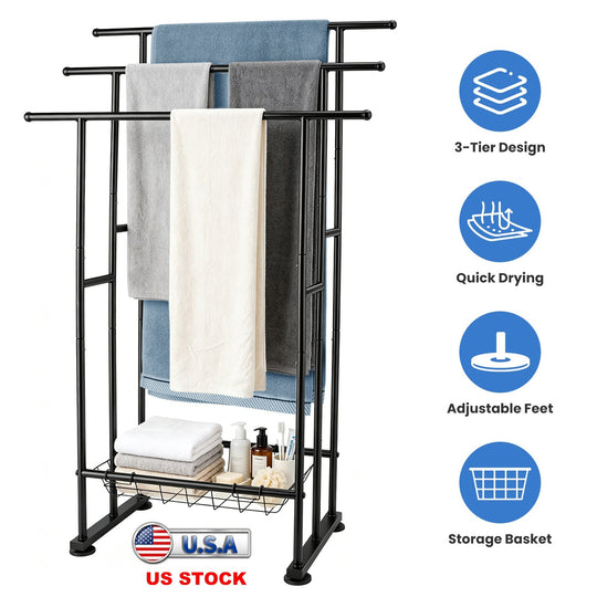 3-Tier Freestanding Towel Rack with Storage Basket - Black