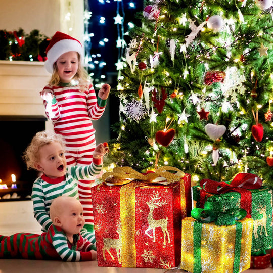 Set of 3 Christmas Lighted Gift Boxes Xmas Present Ornament 50 LED Christmas Box Decorations with Ribbon Bows IP44 Waterproof Battery Powered for Indo