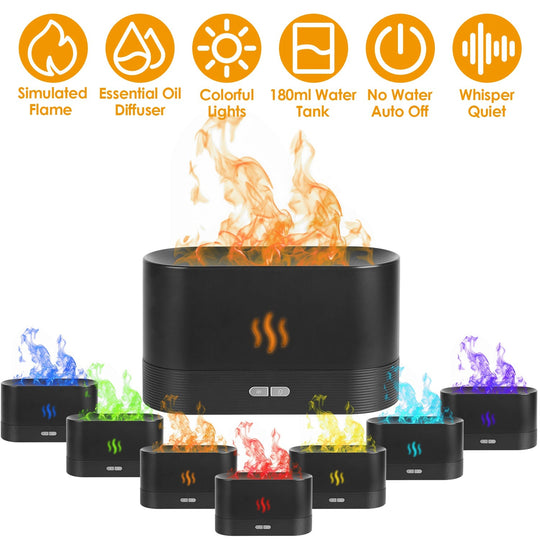 3D Flame Air Humidifier Essential Oil Ultrasonic Aroma Diffuser Bedroom Mist Home Spa Yoga Office Relax Colorful Lights with No Water Auto off Protect
