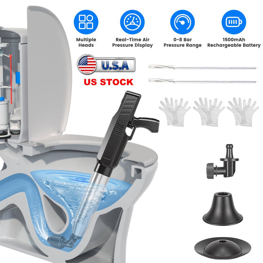 Electric Toilet Plunger with Air Pressure Gauge & 3 Heads