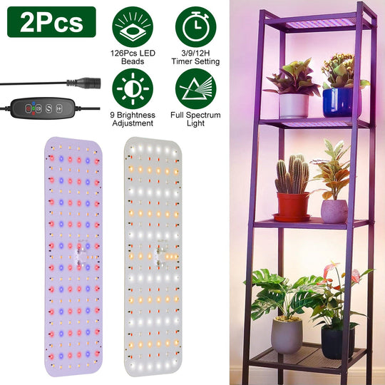 2Pcs Ultra-Thin LED Grow Lights for Indoor Plants with 126Pcs LEDs Full Spectrum Under Cabinet Plant Growing Light Panel 3/9/12H Timer 9 Dimmable Leve