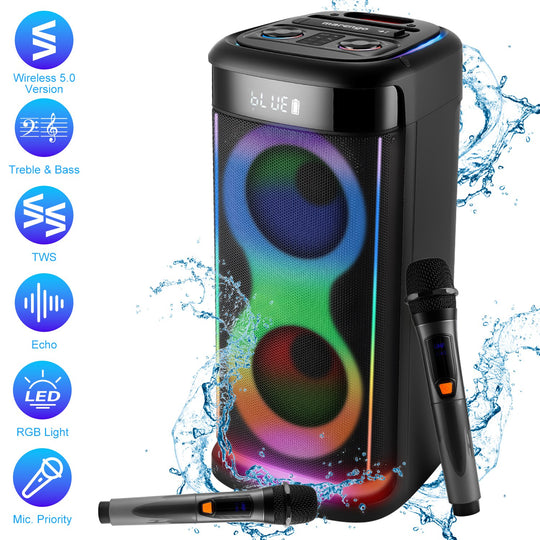 Portable Wireless Party Speaker | LED Lights, 2 Wireless Mics, Remote, TWS & Guitar Input