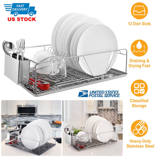 Dish Drying Rack Stainless Steel Dish Rack w/ Drainboard Cutlery Holder Kitchen Dish Organizer
