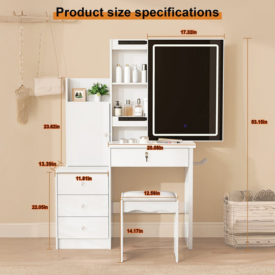 White Vanity Desk Set with LED Lighted Mirror & Padded Stool
