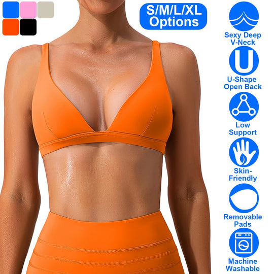 Women Deep V-Neck Sports Bras U-Shaped Back Sport Bras Padded StrappyÊCrop Open Back Low Impact Bras SexyÊFitnessÊTank Tops with Removable Pads for Gy