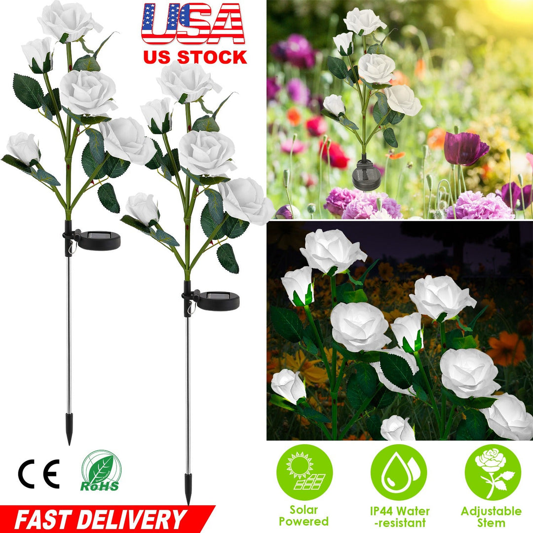 2Pcs Solar Powered Lights Outdoor Rose Flower LED Decorative Lamp Water Resistant Pathway Stake Lights For Garden Patio Yard Walkway