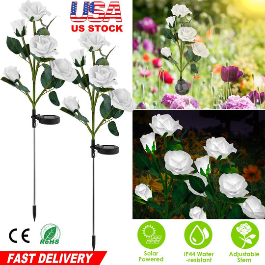 2Pcs Solar Powered Lights Outdoor Rose Flower LED Decorative Lamp Water Resistant Pathway Stake Lights For Garden Patio Yard Walkway
