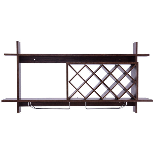 Wall Mount Wine Rack with Glass Holder & Storage Shelf-Walnut