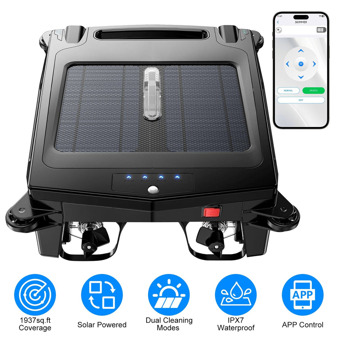 Solar PoweredÊRobotic Pool SkimmerÊAutomatic Swimming Pool Surface Cleaner with 2 Cleaning Modes Dual Charging Methods IPX7 Waterproof 1937sq.ft Cover