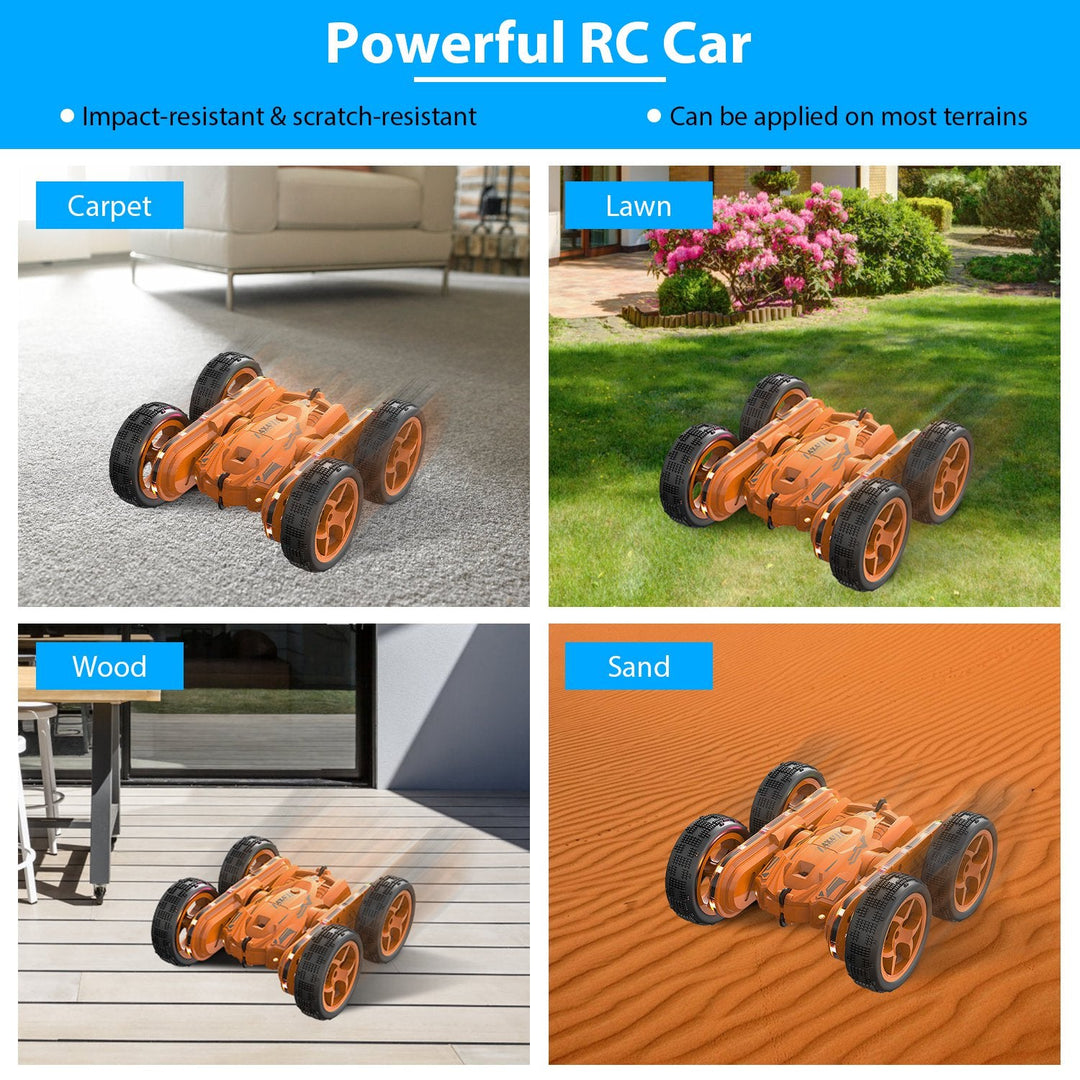 Kid Driving RC Stunt Car 7 Color Strip Light Dynamic Music Swing Arm Double-sided   Rolling Remote Control Car Off Road 2.4GHz 4WD Rechargeable Racing