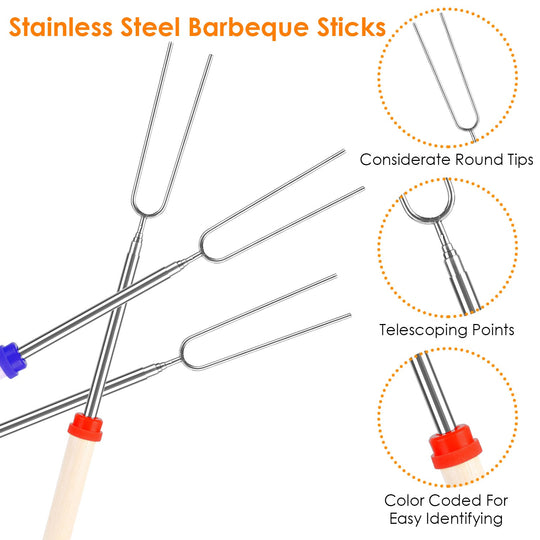 Stainless Steel Roasting Sticks Set 31.9in Extendable Telescoping Marshmallow Hot Dog Fork Skewers Set w/ Corn Needles Fork Knife For BBQ Fire Pit Cam