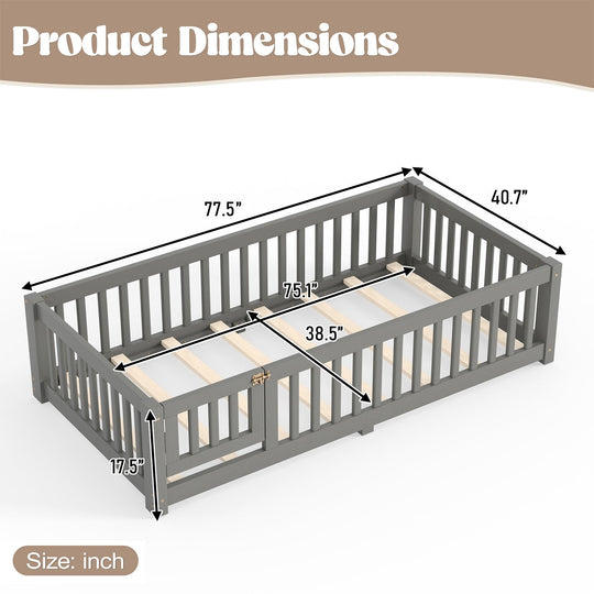 Montessori Floor Bed with Safety Guardrails and Lockable Door