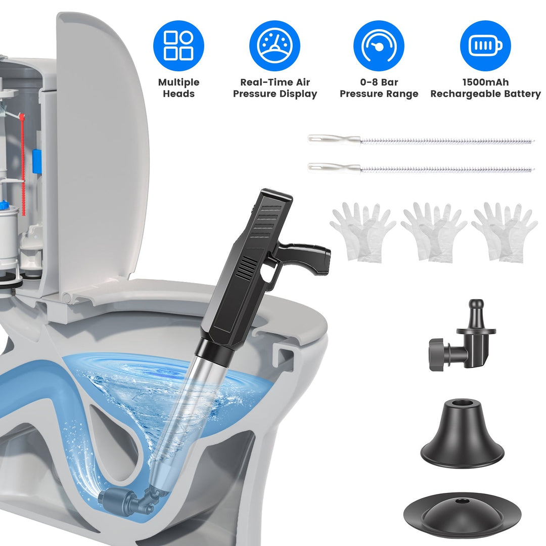 Electric Toilet Plunger with Air Pressure Gauge & 3 Heads