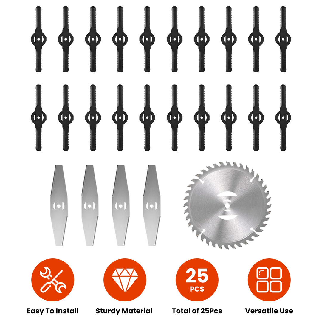 25Pcs Trimmer Blades Head Replacement Set 1Pc 5.91” Alloy Blade 4Pcs 5.71” Stainless Steel Blades 20Pcs 5.31” Plastic Bl