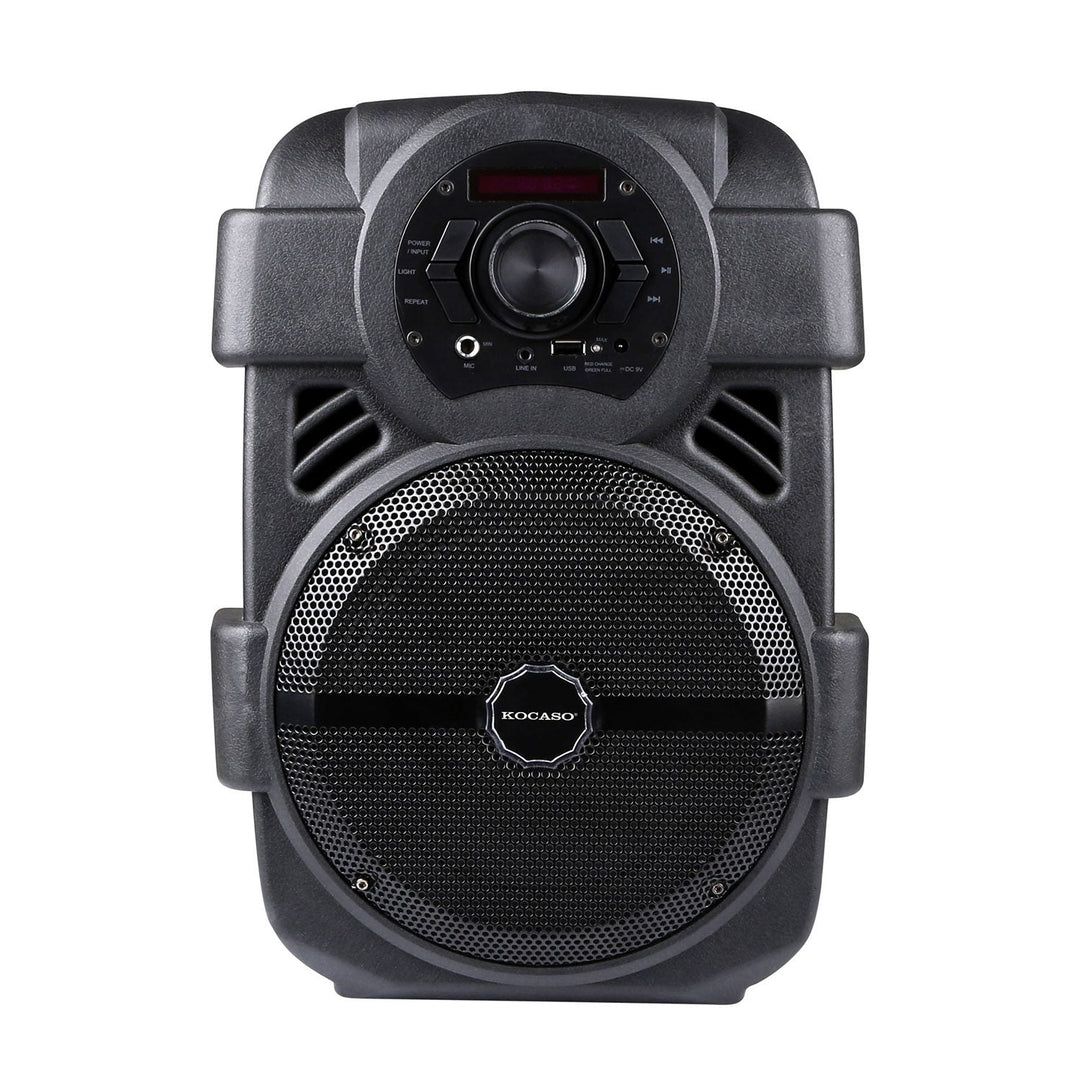 KOCASO Wireless Speaker Portable PA Karaoke System with 8" Subwoofer Sound System Wired Microphone w/ DJ Lights FM Remote Control