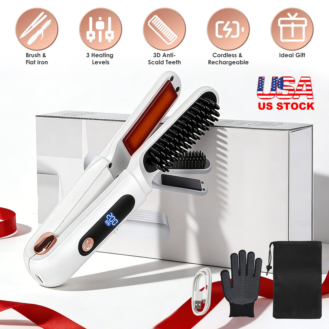 Cordless Hair Straightener Brush 2-in-1 Ceramic Flat Iron