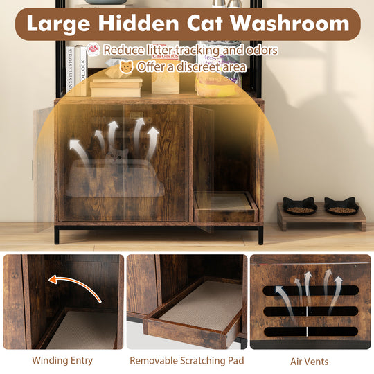 Cat Litter Box Enclosure with Storage and 3-tier Shelves-Rustic Brown