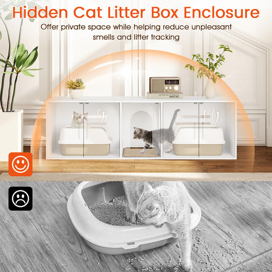 Cat Litter Box Enclosure for 2 Cats with Double Rooms and Sisal Scratching Mat-White