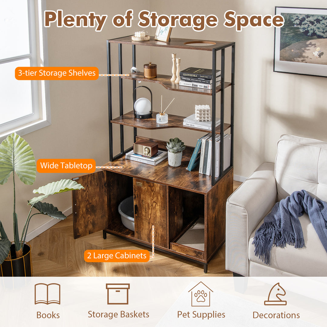 Cat Litter Box Enclosure with Storage and 3-tier Shelves-Rustic Brown