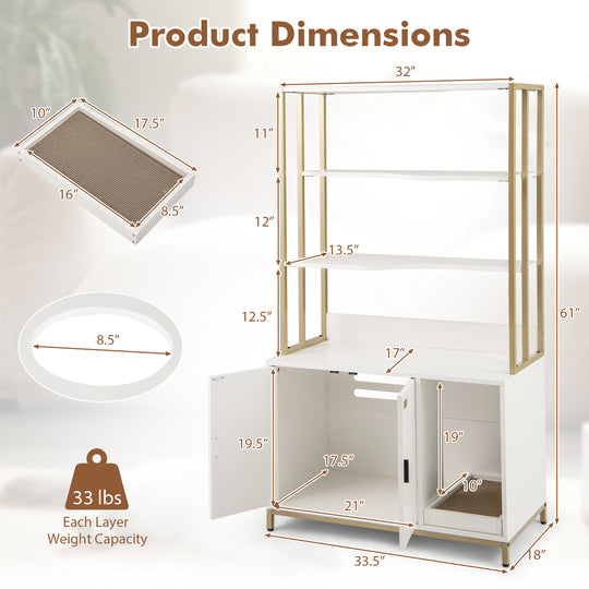 Cat Litter Box Enclosure with Storage and 3-tier Shelves-White