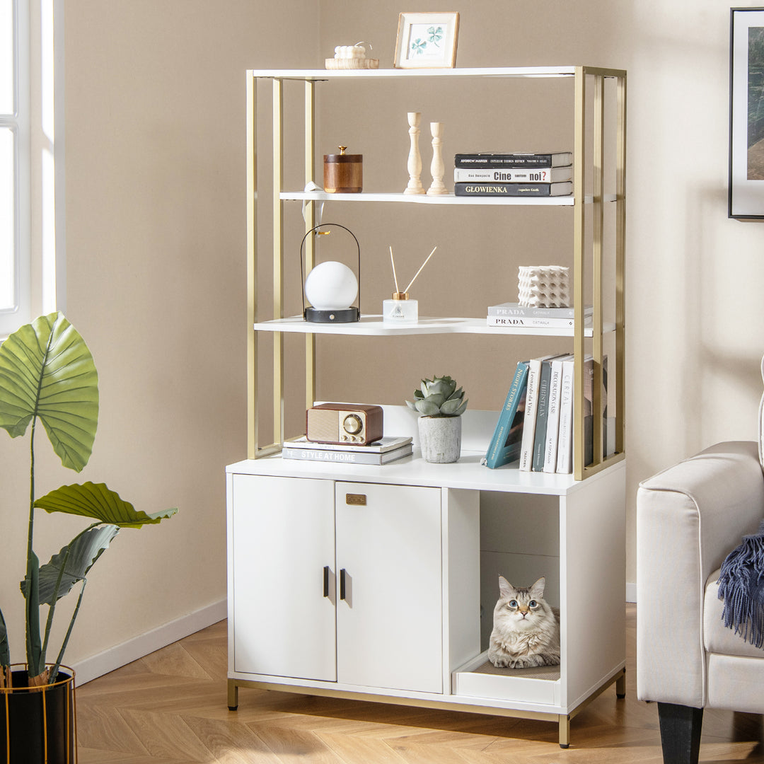 Cat Litter Box Enclosure with Storage and 3-tier Shelves-White