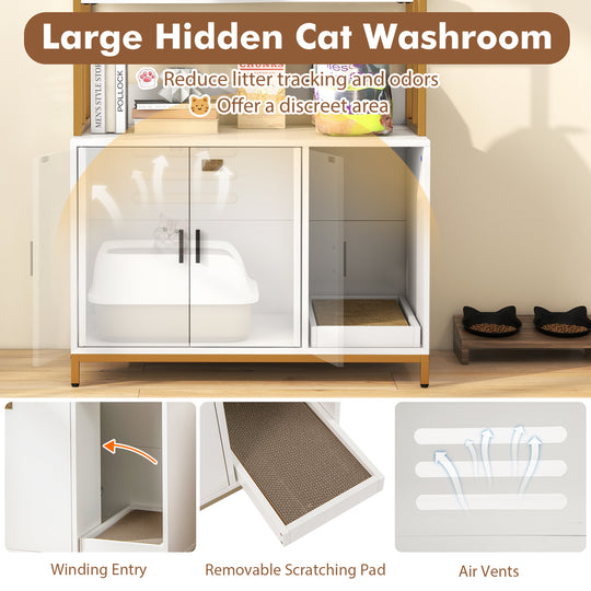 Cat Litter Box Enclosure with Storage and 3-tier Shelves-White