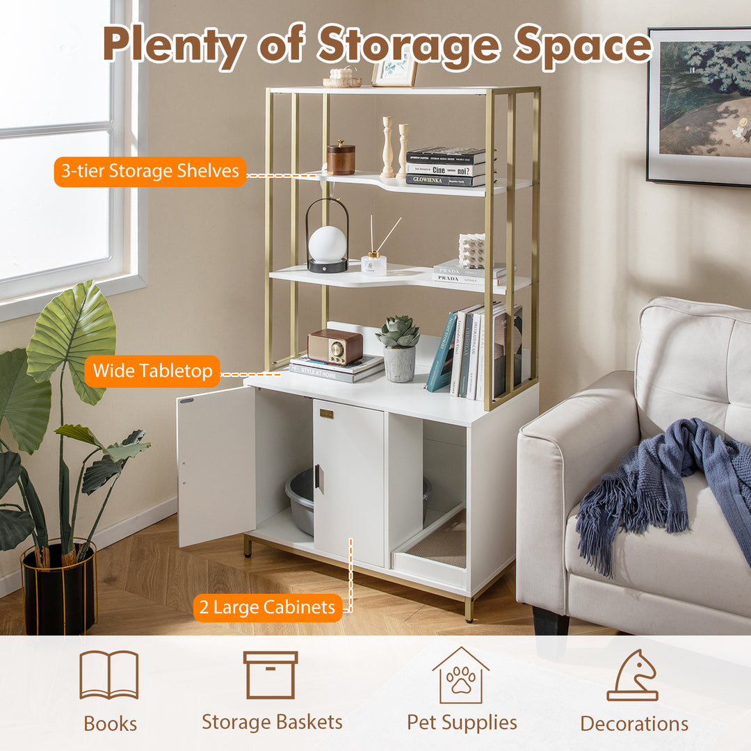 Cat Litter Box Enclosure with Storage and 3-tier Shelves-White