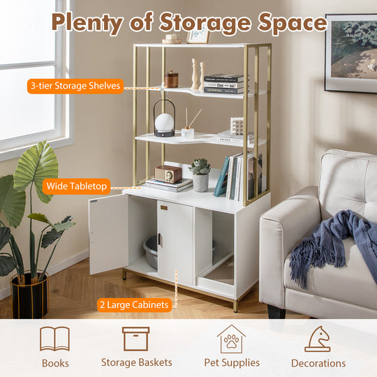 Cat Litter Box Enclosure with Storage and 3-tier Shelves-White