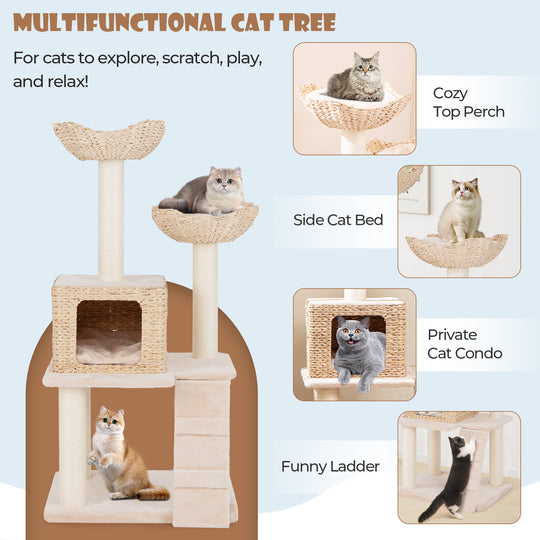 48 Inch Cattail Cat Tower with Sisal Scratching Posts Perch and Condo-Beige