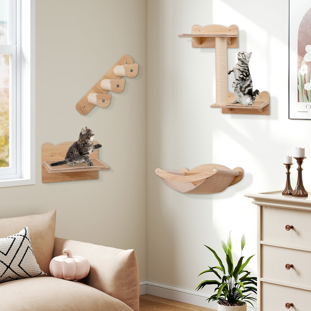 Cat Wall Furniture Set of 4 with Hammock 2-step Cat Tree and Perch-Natural
