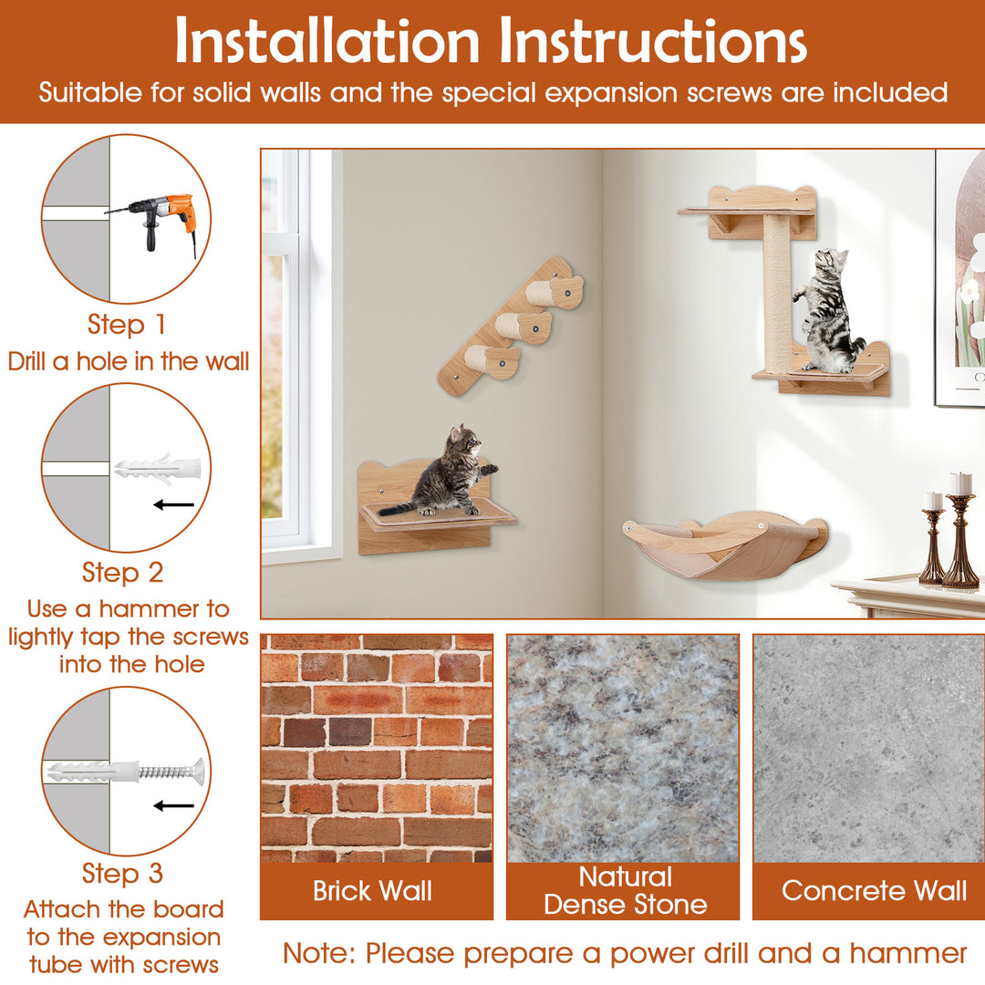 Cat Wall Furniture Set of 4 with Hammock 2-step Cat Tree and Perch-Natural