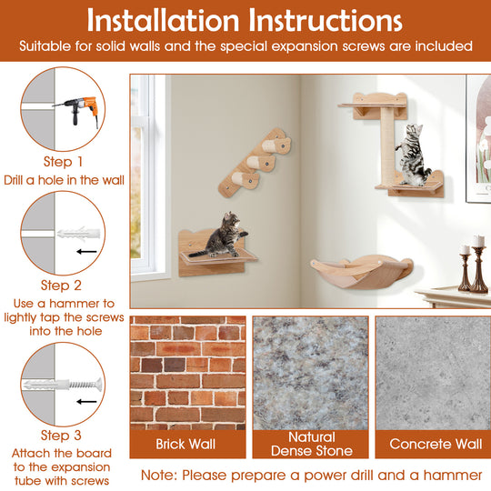 Cat Wall Furniture Set of 4 with Hammock 2-step Cat Tree and Perch-Natural