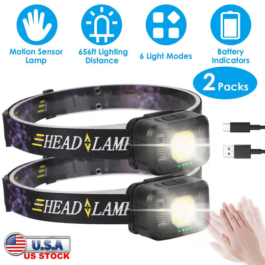 2Packs Rechargeable Motion Sensor Headlamp 6 Light Modes COB XPG Headlight Torch Flashlight for Fishing Running Camping Hiking