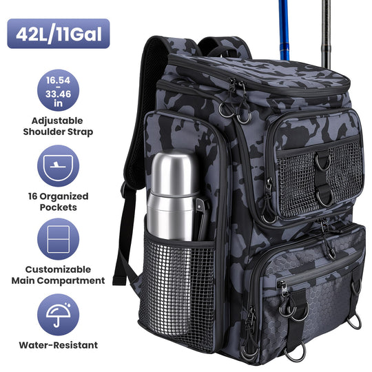 Fishing Backpack 42L with Rod Holders & 16 Pockets