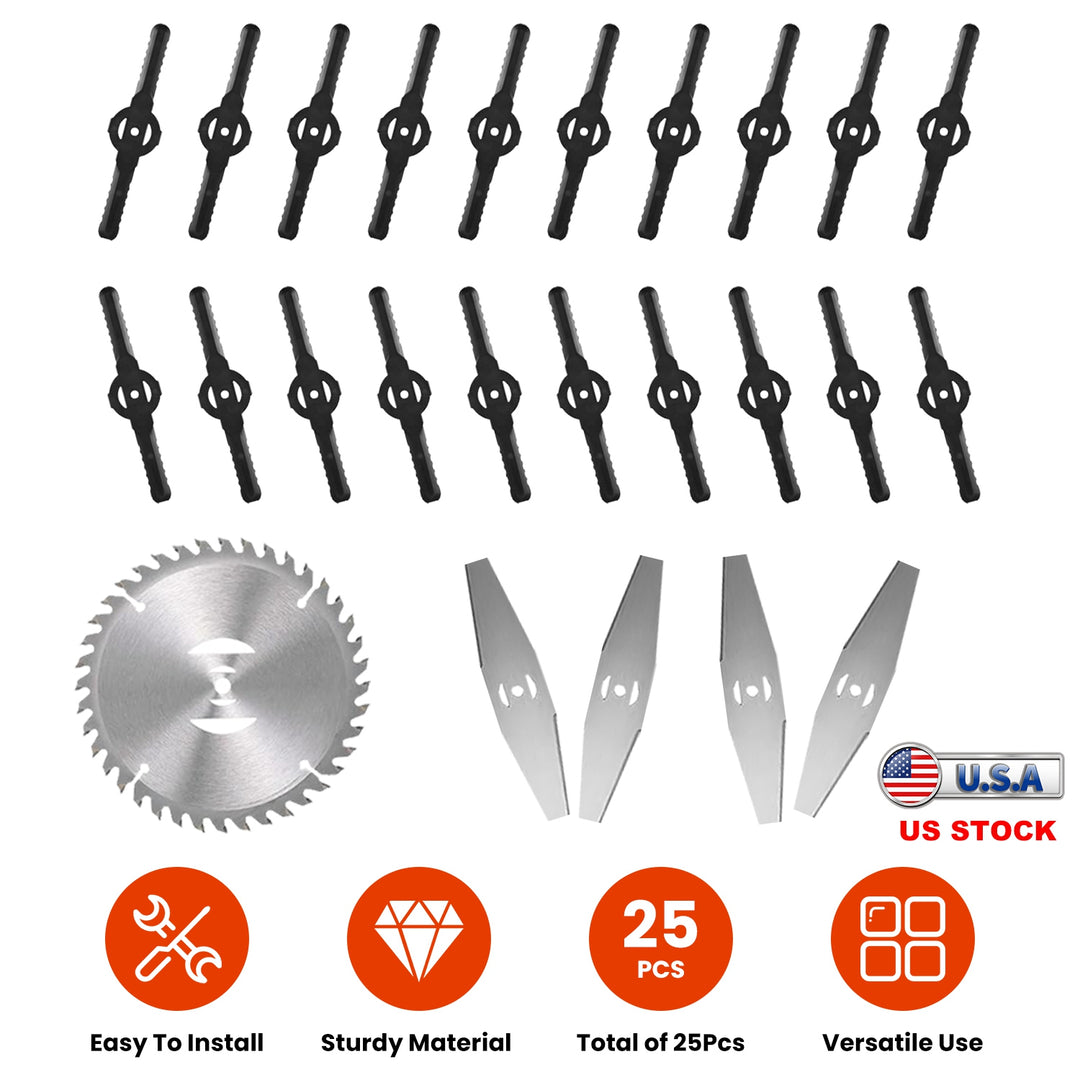 25Pcs Trimmer Blades Head Replacement Set 1Pc 5.91” Alloy Blade 4Pcs 5.71” Stainless Steel Blades 20Pcs 5.31” Plastic Bl