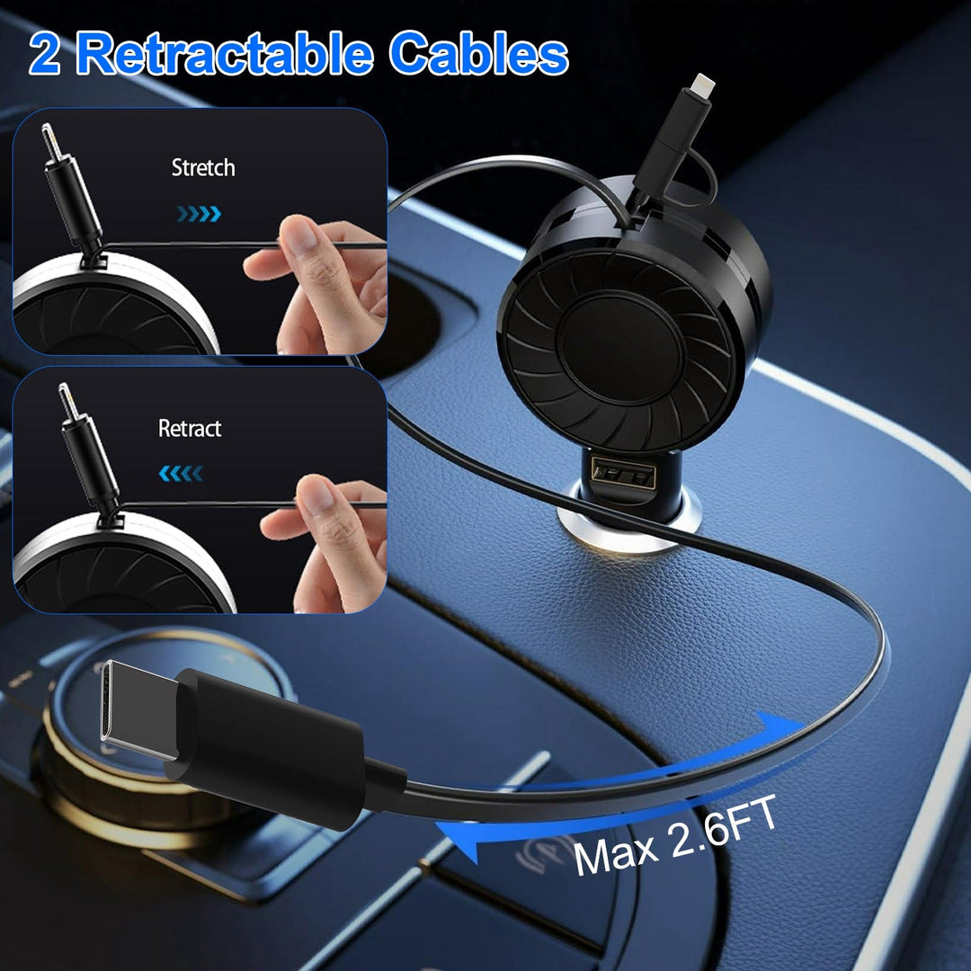 21W 3 In 1 Retractable Car Charger Fast Car Charger Mini Car Phone Charger with USB Port Type-C Cable LT & Micro Cable Fit For IOS Phone 15/14/13 And