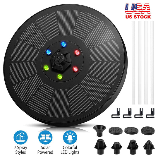 Solar Powered Fountain Pump Floating Bird Bath Pond Pump w/ LED Lights 7 Nozzles For Aquarium Garden Backyard Pond Pool Outdoor