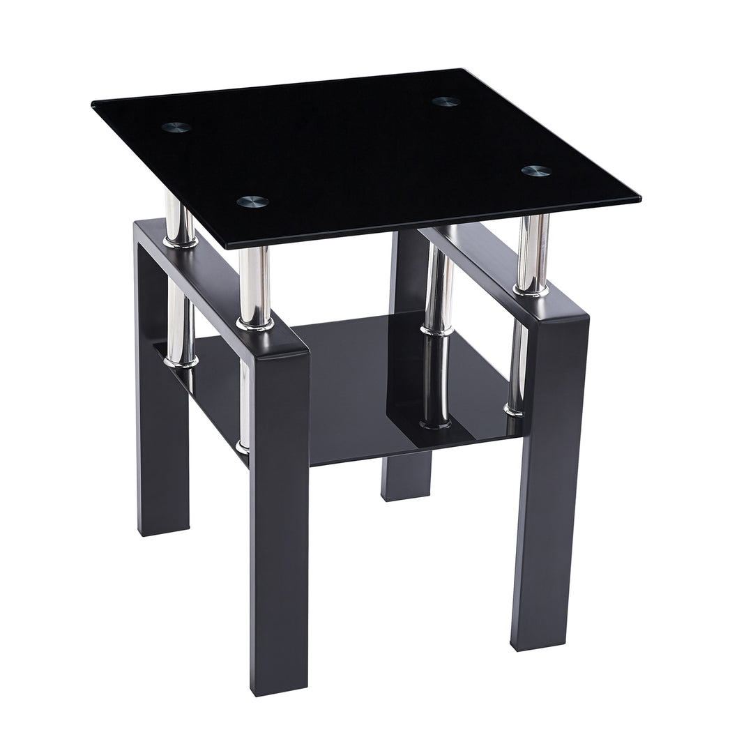 2Pcs Tempered Glass Sofa Table, 2-Tier Black End Table with Powder-Coated Iron Frame, Modern Glass Side Table for Living