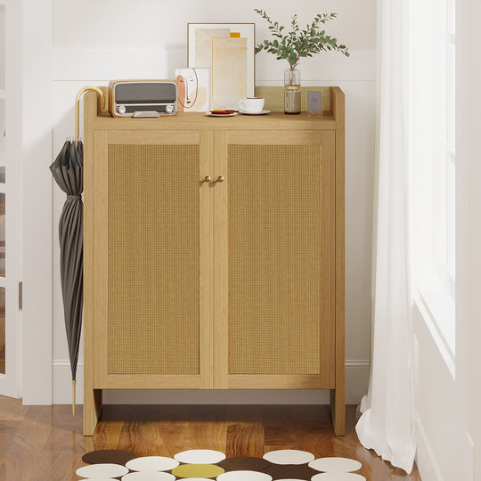 Rattan Shoe Cabinet with Doors, 6-Tier Storage Organizer