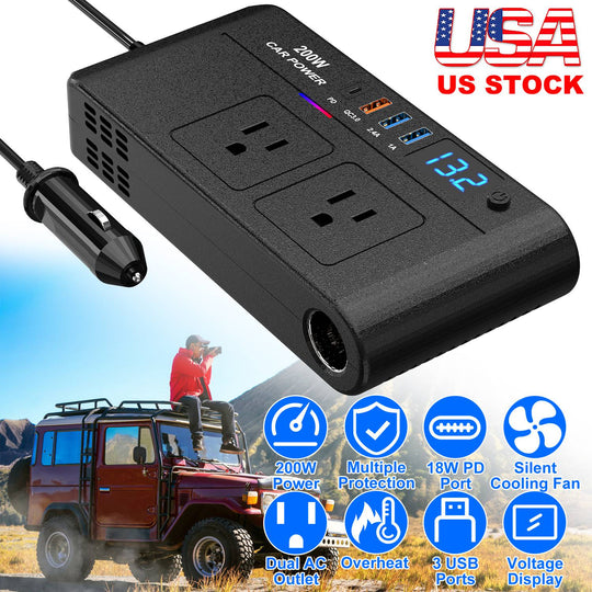 200W 12V Car Inverter DC12V to AC110V Vehicle Power Converter with 2 110V AC Outlets 1 Type-C 3 USB Ports Quick Charge Overheat Protection Voltage Dis