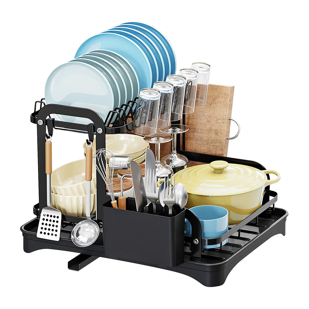 2-Tier Dish Drying Rack for Kitchen Counter Space Saving Rustproof Dish Rack with Drainboard Detachable Kitchen Drainer Organizer Set with Utensil Hol