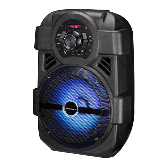 KOCASO Wireless Speaker Portable PA Karaoke System with 8" Subwoofer Sound System Wired Microphone w/ DJ Lights FM Remote Control